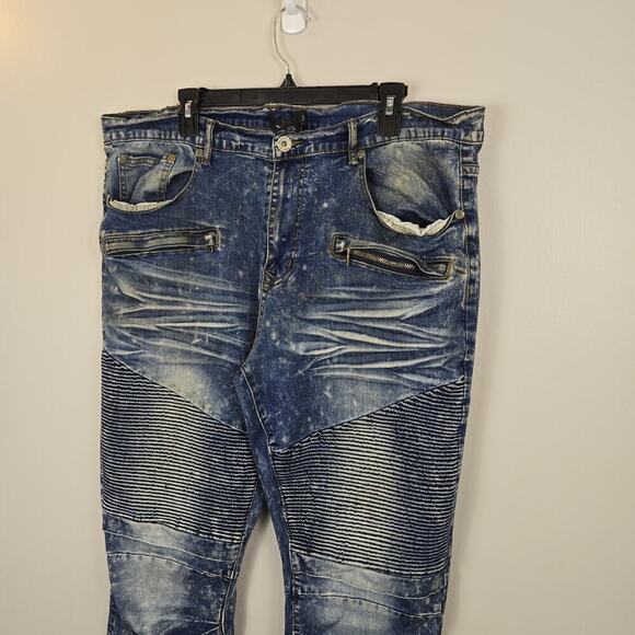 Blue Stitch Slim Straight Men's Blue Jeans Distressed 38W 32L Punk Grunge Skater - Picture 2 of 9